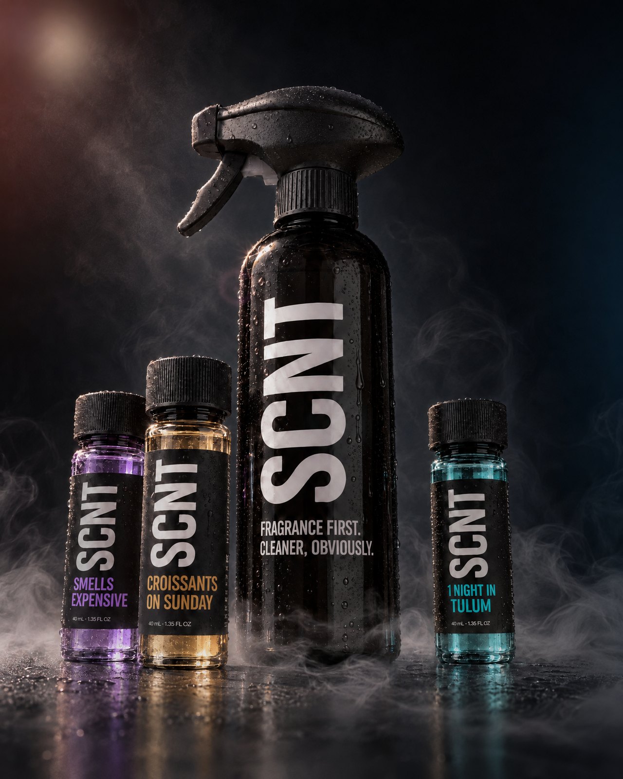 The SCNT bottle with three scent vials on a dark set