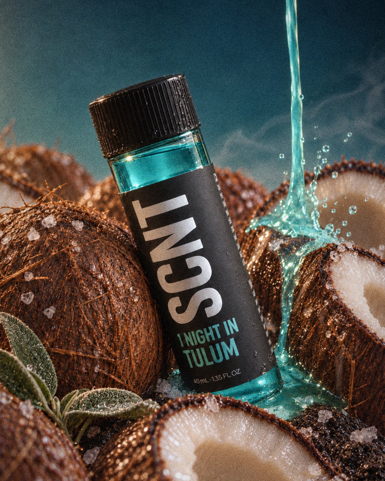 1 Night in Tulum vial among split coconuts, sage and sea salt